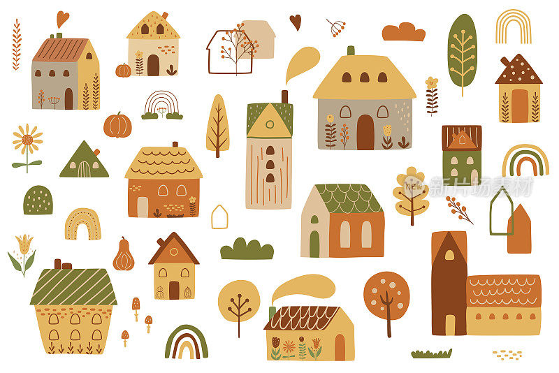 秋天的城市。秋天的城市。可爱的秋季房子工具包。小屋的图形元素是孤立的。幼稚的房子。秋天的卡通村。矢量插图。城市景观设彩虹树、南瓜。