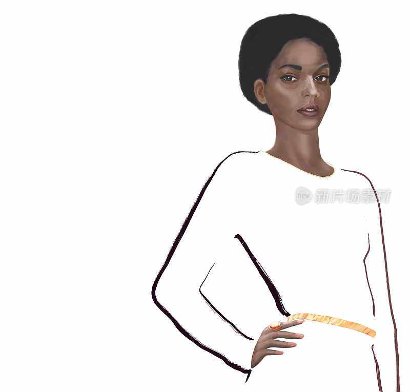 非裔美国模特穿着白色背景的浅色连衣裙。凝视是指向观众的