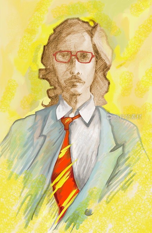 插图彩绘肖像的年轻男子西装领带，长头发，戴眼镜