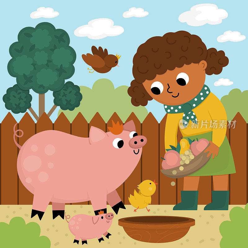 矢量场景与牛饲养者。农家女孩喂动物。可爱的孩子在做农活。农村的乡村景观。孩子带着可爱的小猪和小鸡。滑稽农场插图与卡通人物