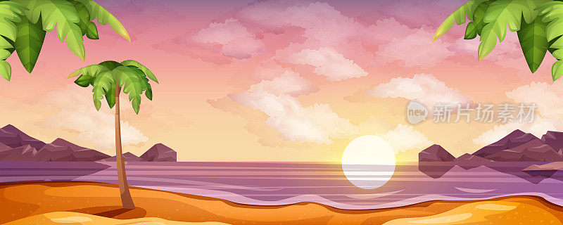卡通海洋景观与日落或日出在海滩上