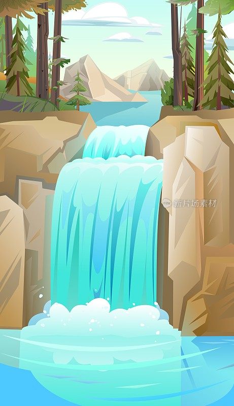 岩石之间有瀑布的野生景观。级联向下闪闪发光。水的流动。漂亮的卡通风格。平面设计。向量