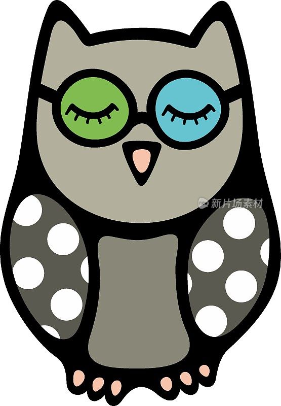 戴着眼镜闭着眼睛的涂鸦猫头鹰。
