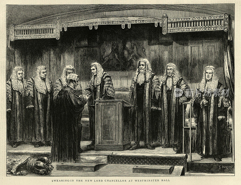 19世纪70年代，维多利亚，威斯敏斯特大厅，朗德尔・帕尔默宣誓就任英国大法官