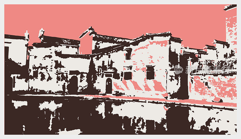矢量雕刻风格的古典艺术经典建筑场景图案背景，安徽省黄山市黟县宏村，中国