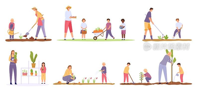 卡通成年人和儿童种植树木和在农场工作。家庭在花园里种植植物和花。人们收获蔬菜矢量集