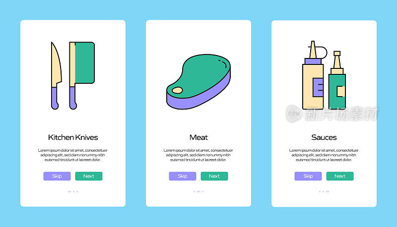 在移动应用页面上使用扁平图标的烹饪概念。用户体验，UI设计模板矢量插图