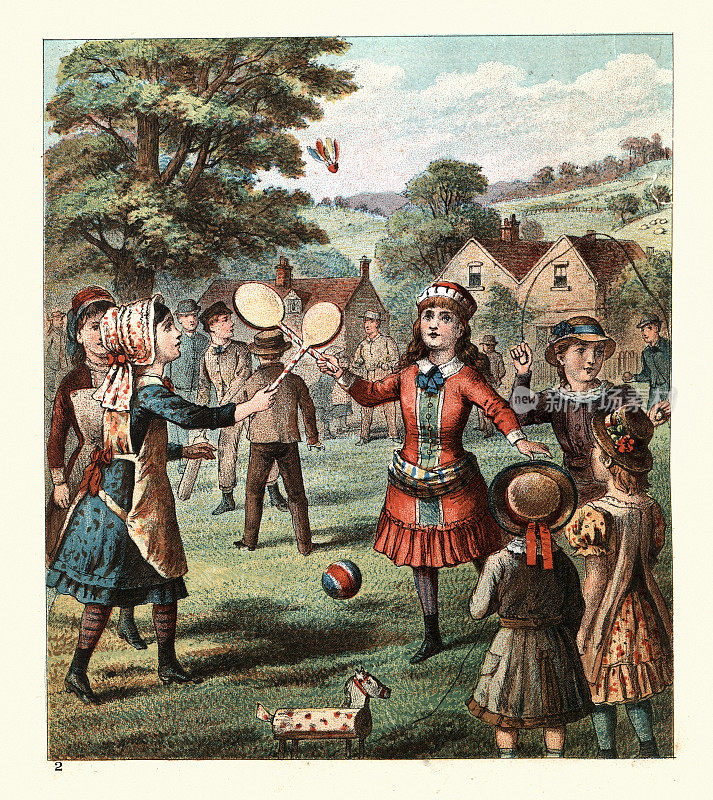 19世纪维多利亚时代的孩子们在户外玩游戏，羽毛球，跳绳