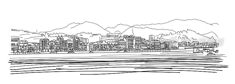 Ribadesella，阿斯图里亚斯，西班牙风景。海与山之间的小镇建筑。草图手绘黑线墨水笔画风格矢量插图。