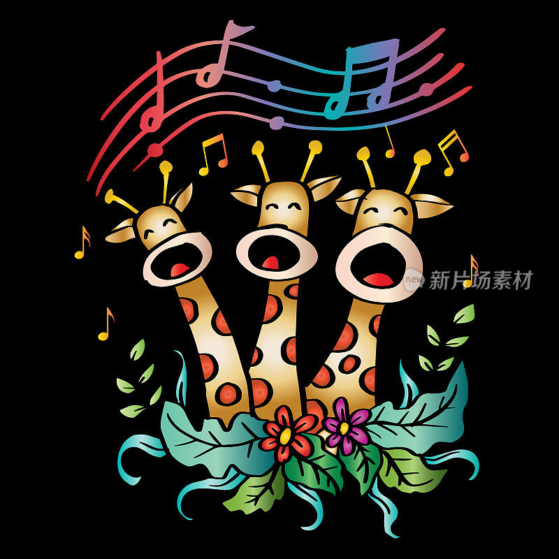 卡通可爱的三只长颈鹿在唱歌