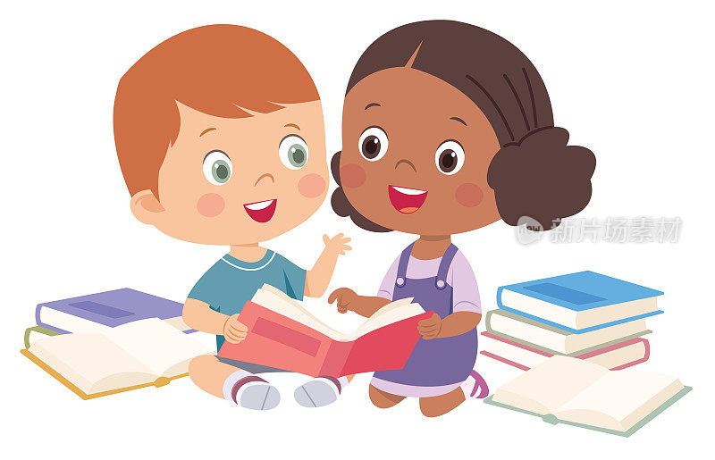 微笑的男孩和女孩在读书。横幅、海报卡通插图。