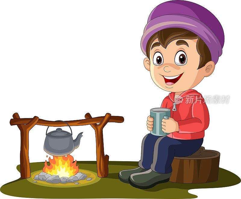 卡通小男孩坐在树桩旁的营火喝热茶