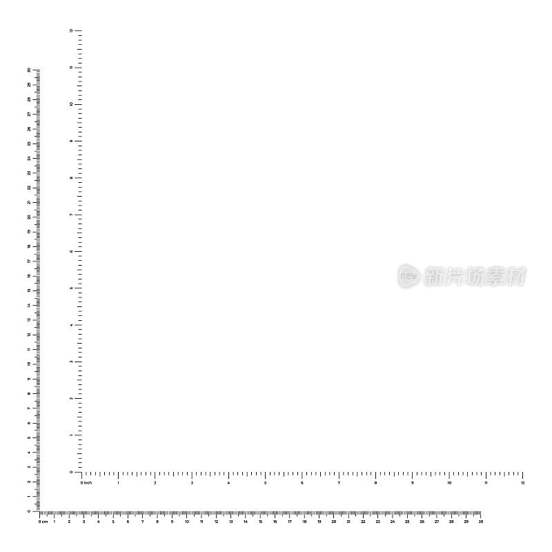 矢量插图的角尺从0到12英寸和从0到30厘米孤立在白色背景上。一组平面风格的测量仪器线。垂直和水平测量尺度。