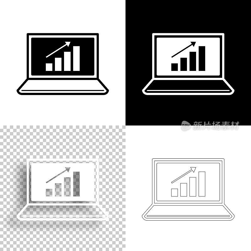 笔记本电脑上的成长图表。图标设计。空白，白色和黑色背景-线图标