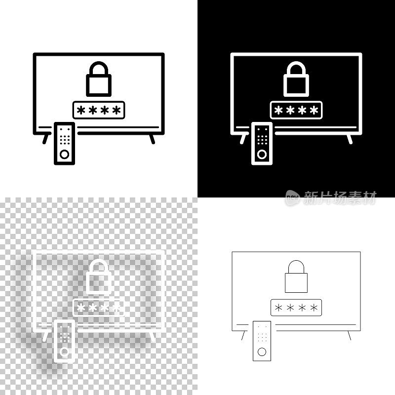 电视与密码。图标设计。空白，白色和黑色背景-线图标