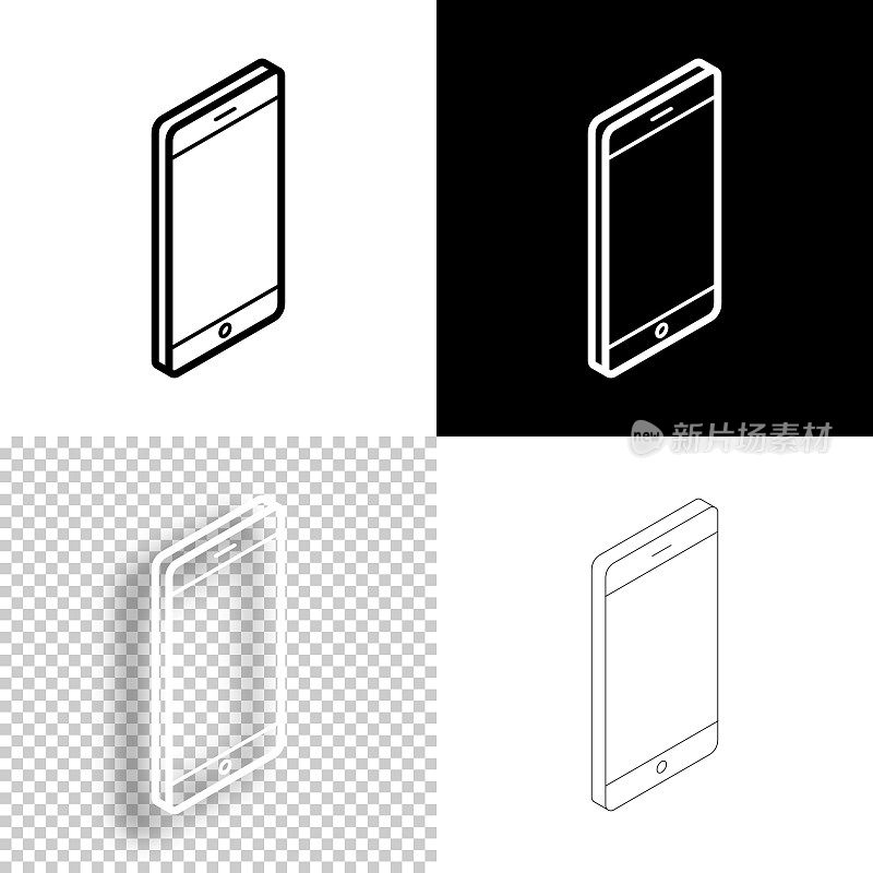 等距的手机。图标设计。空白，白色和黑色背景-线图标
