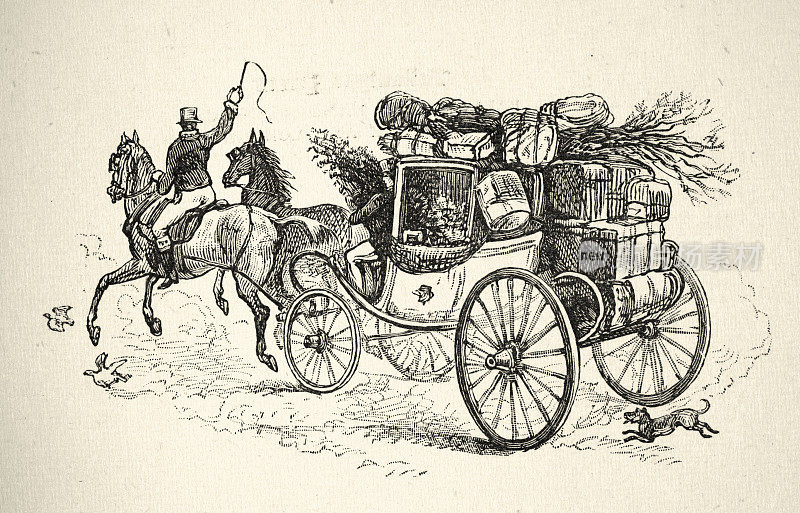 古董插图狗追逐马和马车，马车，19世纪维多利亚