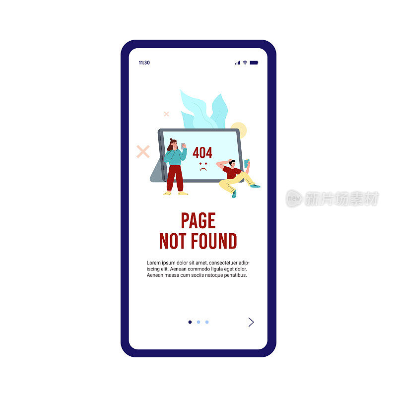 页面未找到移动应用程序上的屏幕矢量插图404错误。