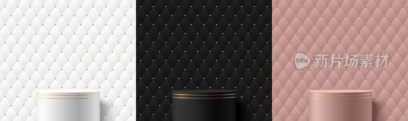 一套3D背景与站立讲台。黑色，金色，银色和粉红色的金色几何珠图案。用于实物展示的抽象最小墙体场景。矢量圆形舞台展示。