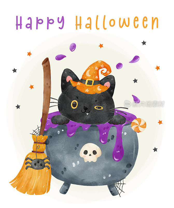 可爱有趣的黑色小猫猫在紫罗兰坩埚锅万圣节与巫婆扫帚水彩动物字符矢量插图