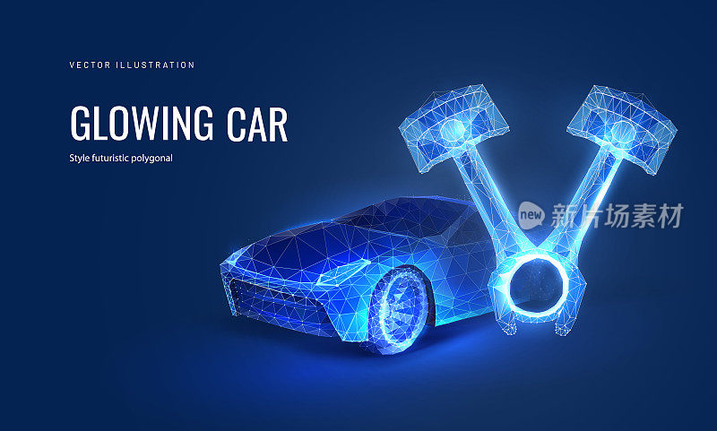 汽车发动机，活塞在未来多边形风格。部分阐述了汽车的机理、汽车服务的理念和技术创新。带有灯光效果和霓虹灯的矢量插图。
