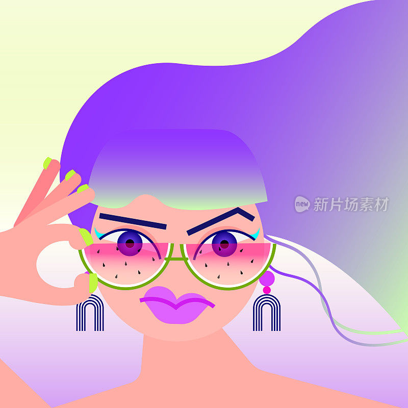 一个戴墨镜，紫色头发的女人的肖像
