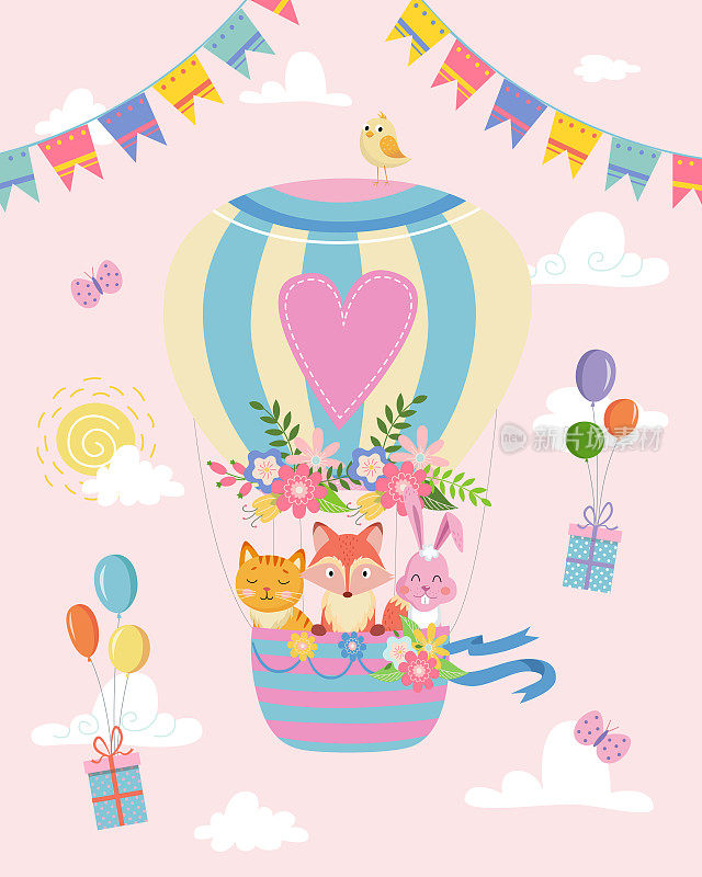 可爱的热气球与动物生日卡片模板矢量插图在粉红色