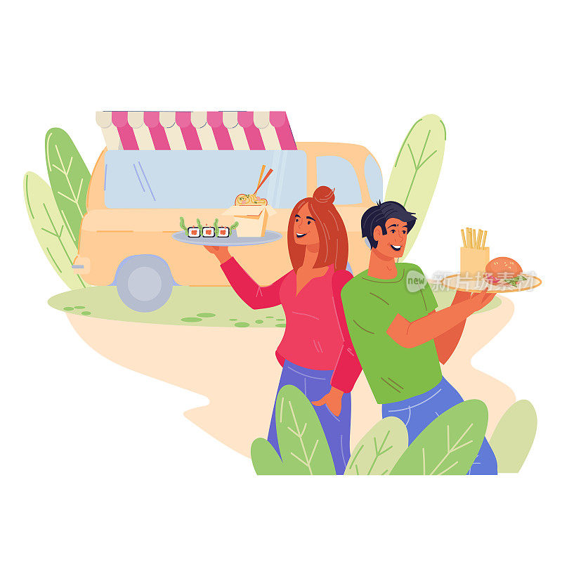 街头美食节或博览会的横幅上挂着食品卡车和夫妇享受美食。