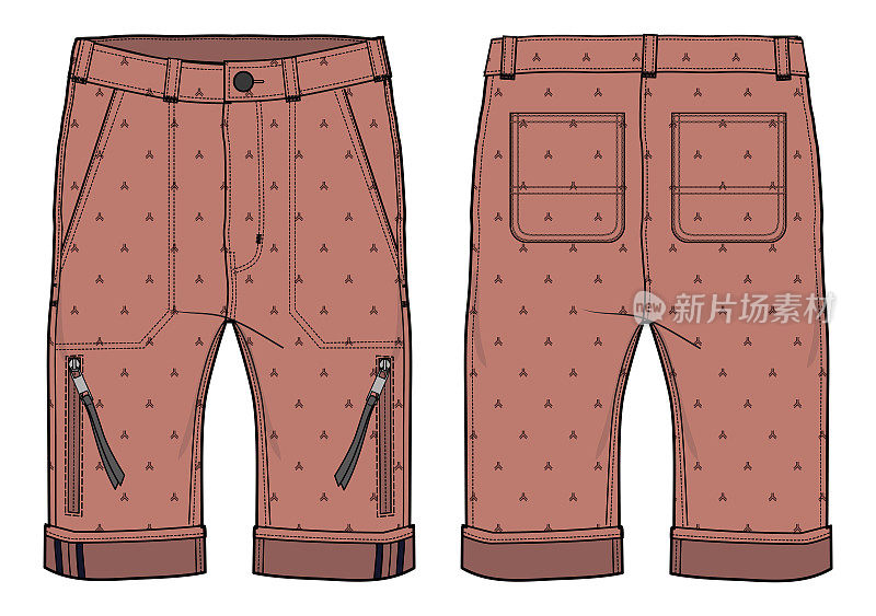 Chino短裤设计平面素描矢量插图，牛仔休闲短裤概念与前面和后面的观点，印刷货物实用百慕大短裤设计插图