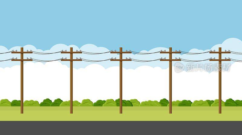 电缆悬挂在电线杆上的架空电力线路。空的乡村公路。电力概念。高压电线。景观矢量图