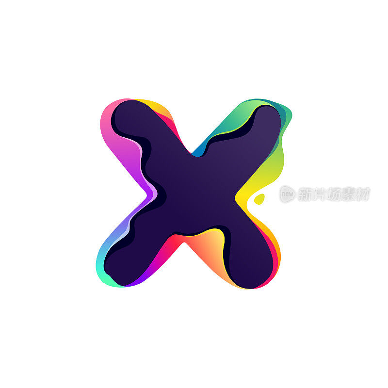 X字母标志与全息图故障。多色渐变标志与颜色转移和错觉效果。