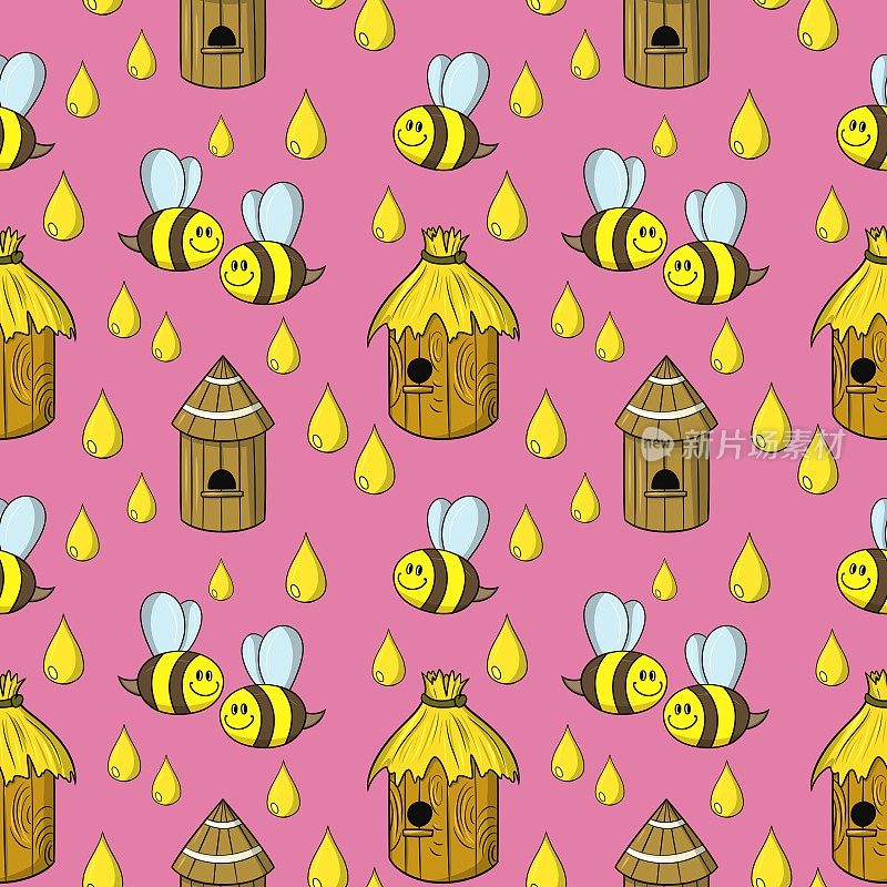 粉色印花，可爱的小蜜蜂采蜜，蜂箱，无缝方形图案