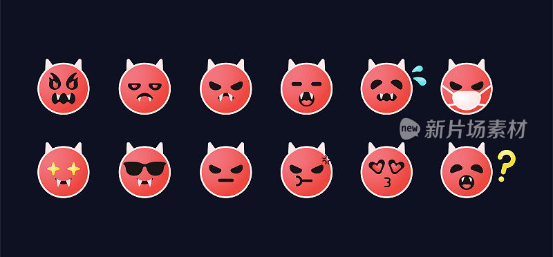 有趣的邪恶人物不同的头部表情表情表情贴纸插图向量。有趣的Emoji,表情符号。