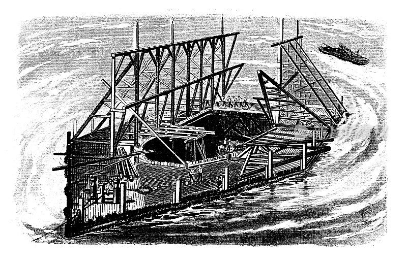 古董雕刻插画,工程和技术:桥梁建设,维多利亚大桥,蒙特利尔