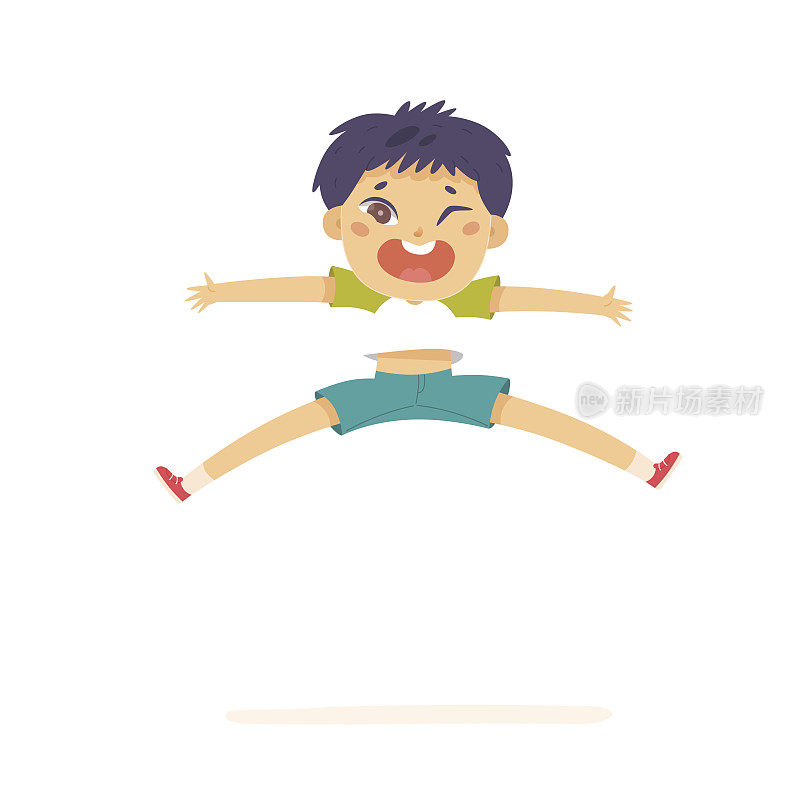 男孩跳舞的音乐与跳跃矢量插图。卡通孤立的小男舞者角色高高跳起，笑着带着快乐的情绪，有趣活跃的街舞可爱兴奋的孩子