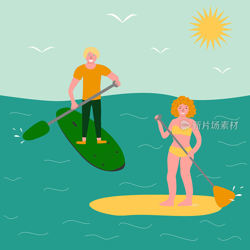 年轻快乐的男女站在桨板上，在大海里冲浪，矢量