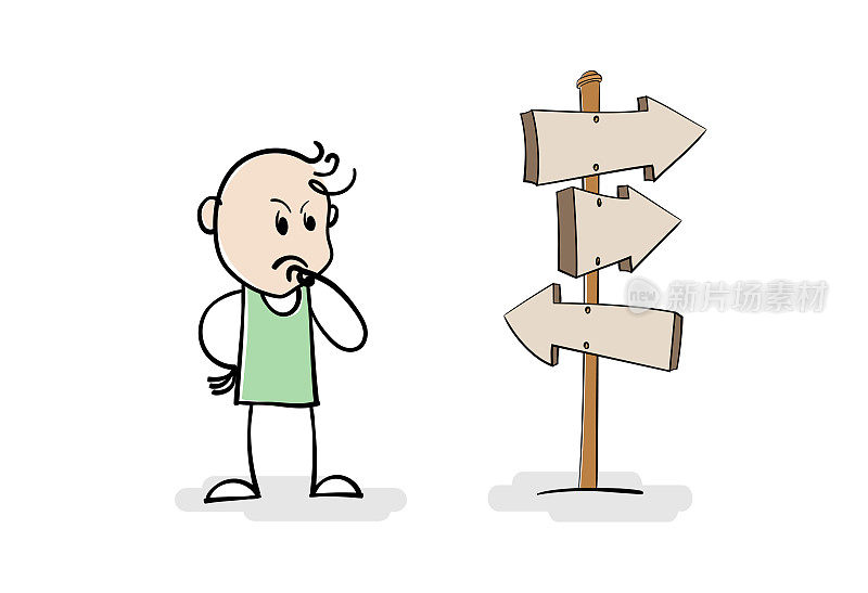 卡通棒人画的概念插图失意的人在十字路口思考正确的道路去。被方向标志迷惑的男人。人必须在树之间做出不同的选择。