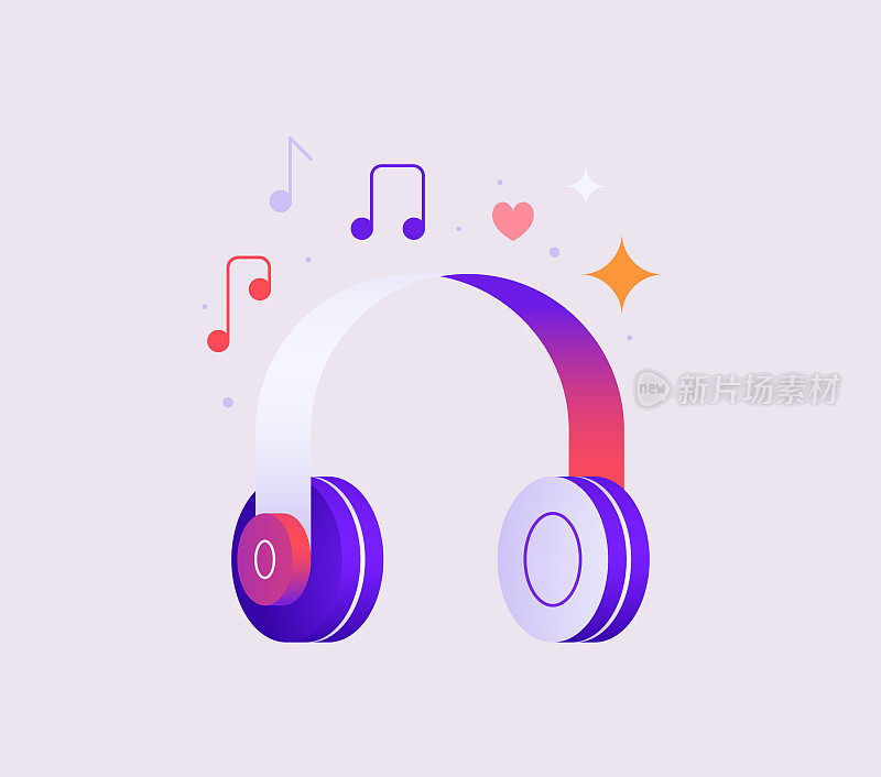 矢量插图的音乐听概念耳机在紫色和粉红色的色调。