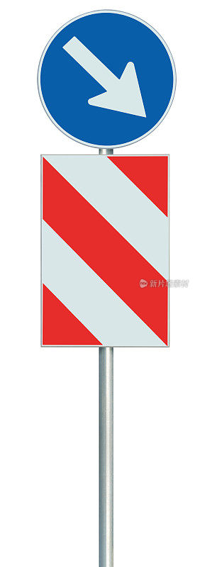 强制保持右侧障碍物绕行道路标志，隔离欧盟欧盟交通安全屏障标志上的杆柱，大型蓝色圆形车道路线改道路边监管警告，白色右手箭头，红色对角线条纹信号盾，详细v