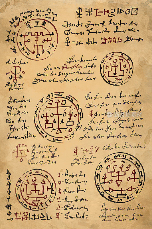 数字插图手绘。巫术旧书与魔法咒语，巫术和神秘符号。