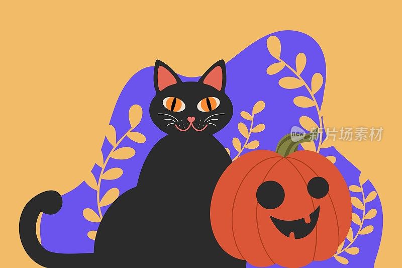 万圣节可爱的黑猫和南瓜头。有可爱的黑猫和幽灵南瓜的万圣节贺卡。动物节日卡通人物。