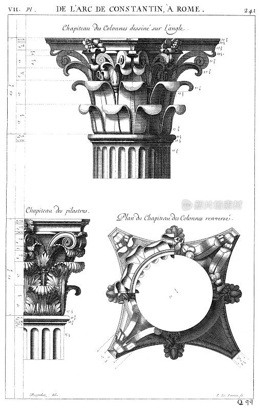 从罗马君士坦丁拱门上画的首都圆柱的角落，首都的壁柱和计划的首都圆柱的反转，由1682年的罗马古建筑。