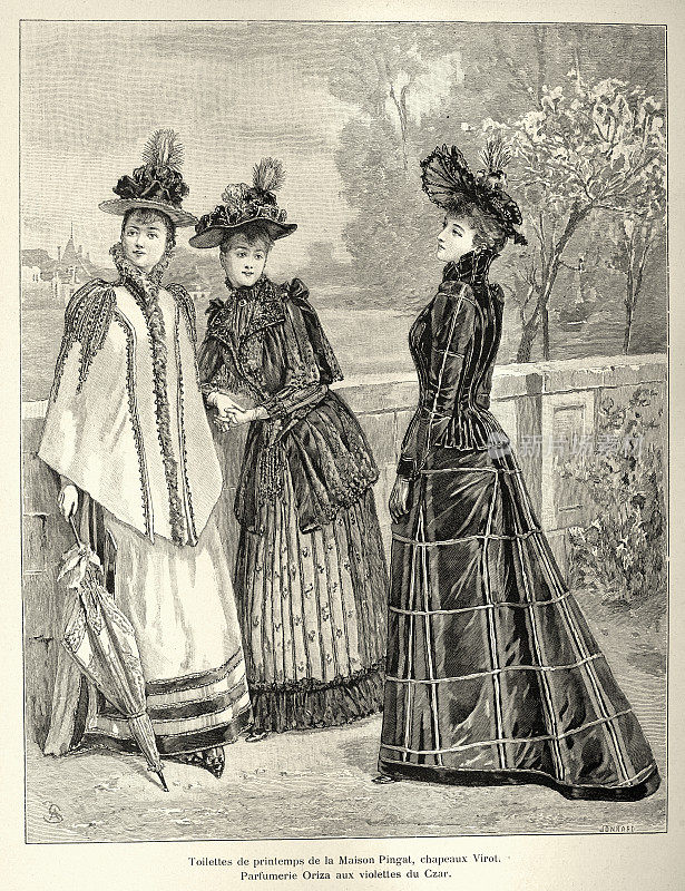 维多利亚时代妇女时装，连衣裙，斗篷，帽子，19世纪法国服装1890年代
