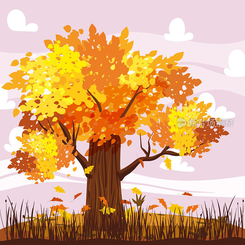 秋天的风景与橡树黄，橙，落叶。田园风光，田园风光