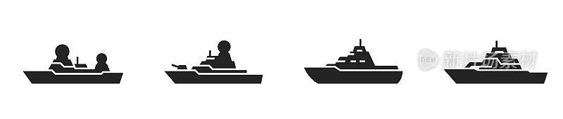 护卫舰军舰图标设置。军舰符号。矢量图像的军事概念，信息图表和网页设计