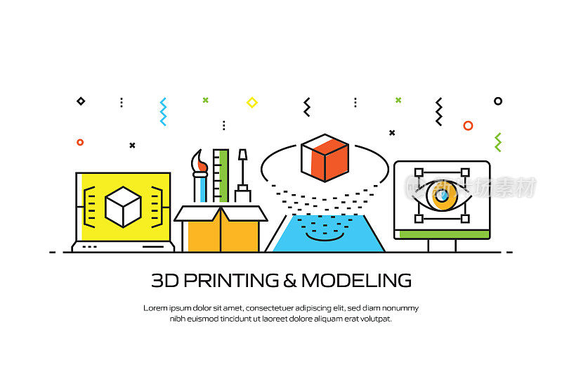 3D打印和建模相关的线风格横幅设计的网页，标题，小册子，年度报告和书籍封面