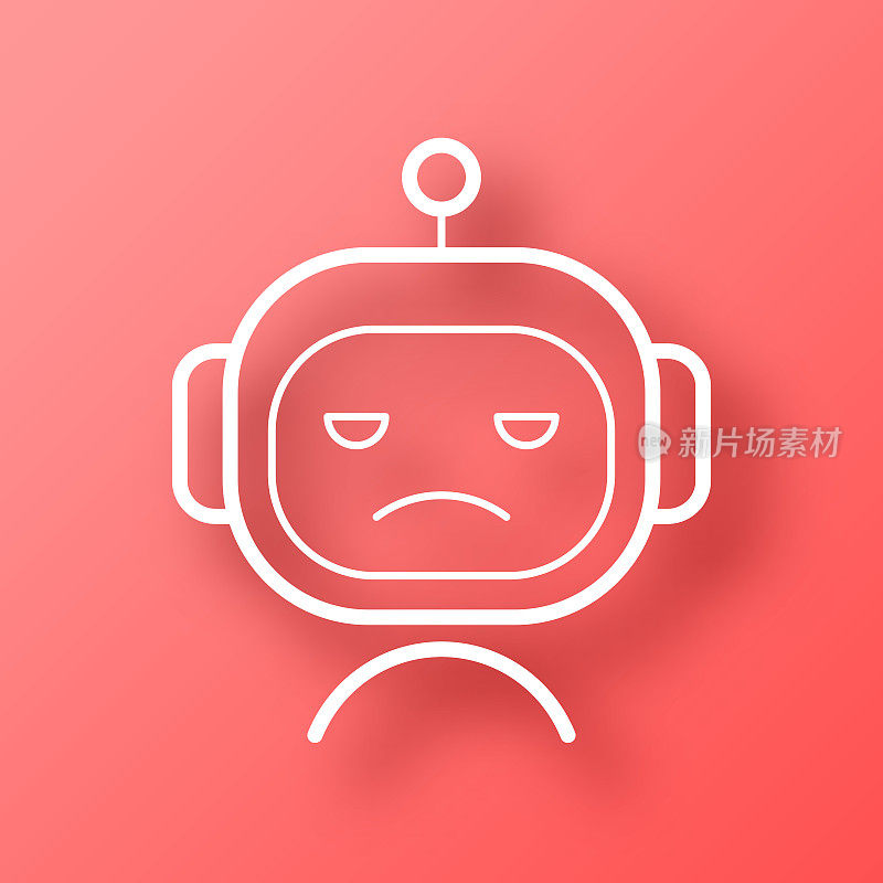 悲伤的机器人脸。图标在红色背景与阴影