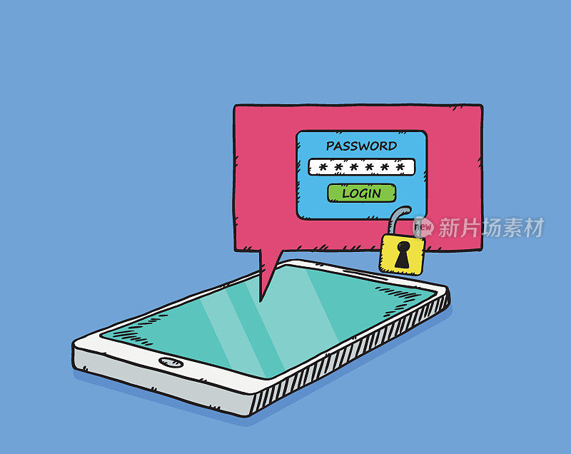 一幅手绘插图，展示的是一款被封锁的手机。访问由打开它所需的密码保护。