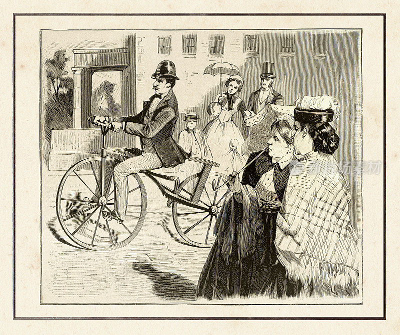 1860年左右，男子骑着自行车Velocipede