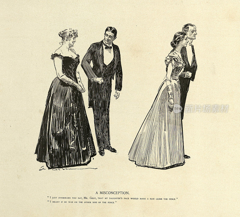 复古漫画，幽默，一个误解，上流社会夫妇，美国，1890年代，19世纪